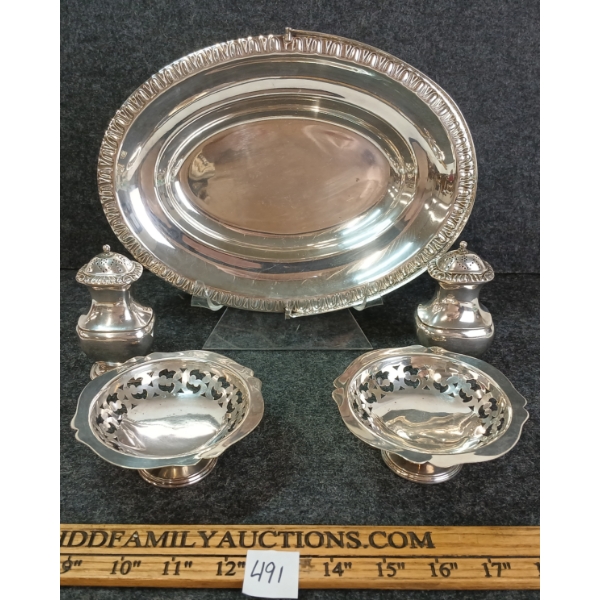 LOT OF 5 - SILVER SERVING DISHES & SALTSHAKERS