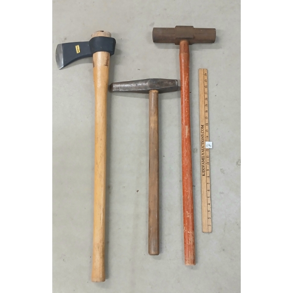 LOT OF 3 - HEAVY WORK RAILROAD TOOLS - INCL SPIKE HAMMER, PIN SPLITTER & USSHERS AXE