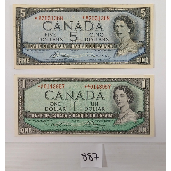 LOT OF 2 - 1954 CDN $1 & $5 BANKNOTES