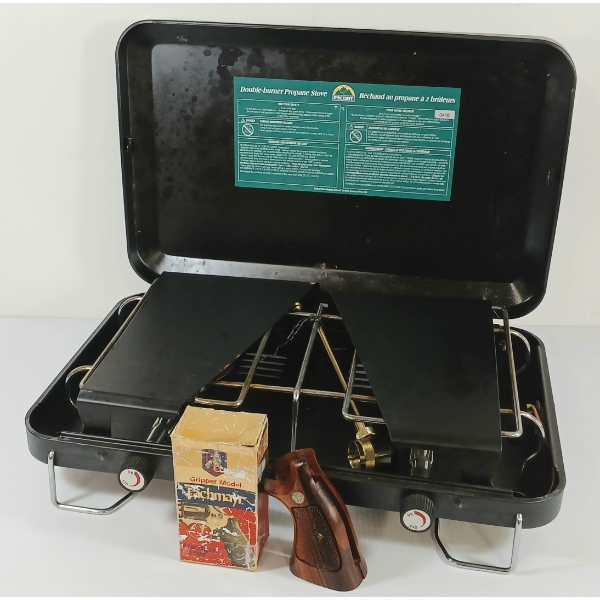 LOT OF 2 - ESCORT DOUBLE-BURNER PROPANE STOVE & PACHMAYR HANDGUN GRIP