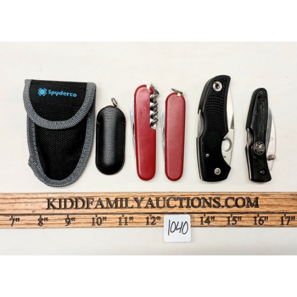 LOT OF 6 - SWISS ARMY FOLDING KNIVES, SPYDERCO TOOL & S&W CUTTING HORSE KNIFE