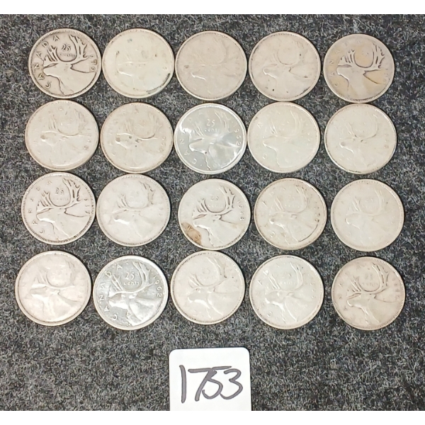 LOT OF 20 - 1939-1968 CDN 25 CENT COINS