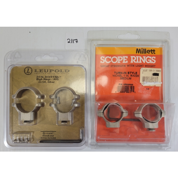 LOT OF 2 - LEUPOLD & MILLETT 1IN DUAL DOVETAIL / MEDIUM SCOPE RINGS