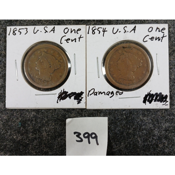 LOT OF 2 - 1853 & 1854 U.S. BRAIDED HAIR LIBERTY LARGE CENT COINS 