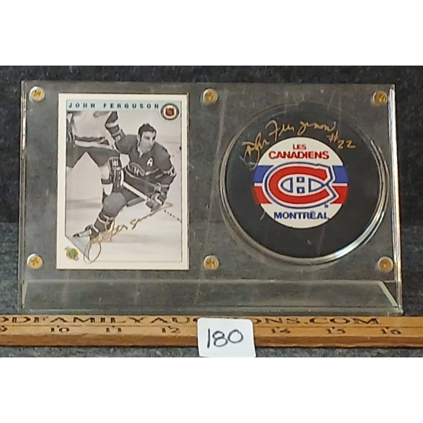 1992 UTC NHL MONTREAL CANADIENS JOHN FERGUSON HOCKEY CARD & PUCK - AUTOGRAOHED
