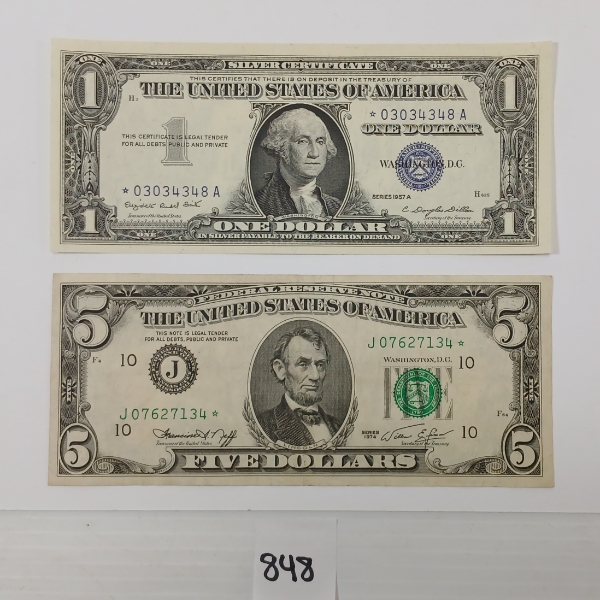 LOT OF 2 - 1957 & 1974 U.S. $1 & $5 BANKNOTES