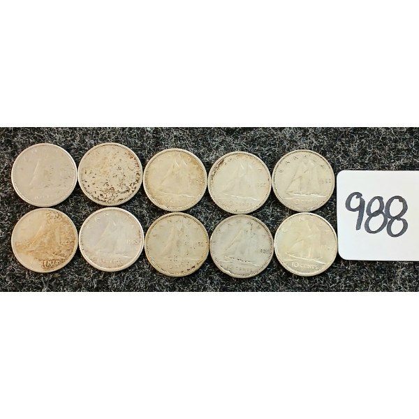 LOT OF 10 - 1947-1966 CDN 10 CENT COINS
