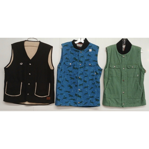 LOT OF 3 - MEN'S POLER STUFF & BRIXTON VESTS - FT BLUE STEEL ANIMALS, MOSSY & BLACK