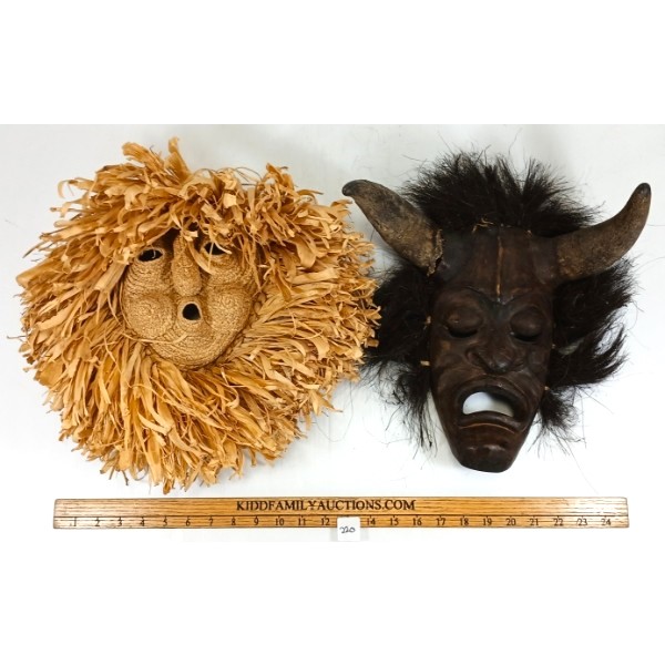LOT OF 2 - JAPANESE CORN HUSK HYOTTOKO & WOODEN ONI HAND CARVED MASKS