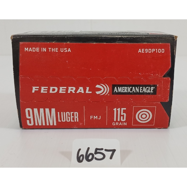 AMMO: 100X FEDERAL 9MM LUGER - 115 GR. FMJ - SEALED