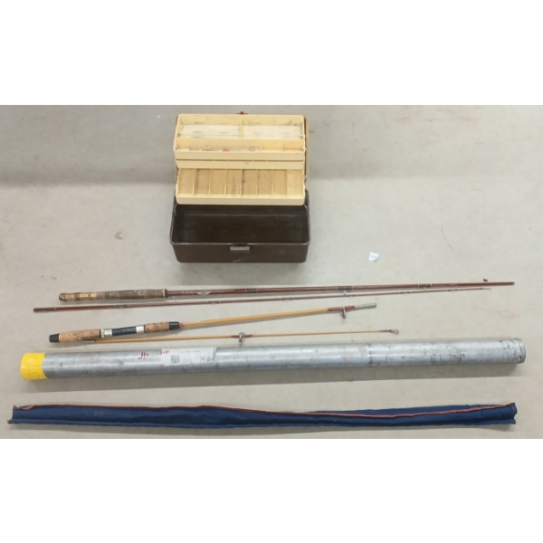 LOT OF 5 - GERMINA & FERALITE FISHING RODS, OLDPAL TACKLE BOX & ROD CASES