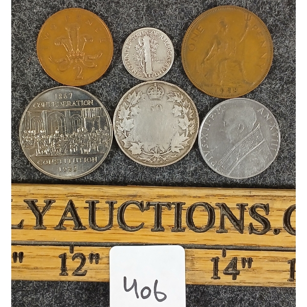 LOT OF 6 - WORLD COINS - INCL 1917 CDN SILVER 50 CENT, 1945 US 10 CENT, ETC 
