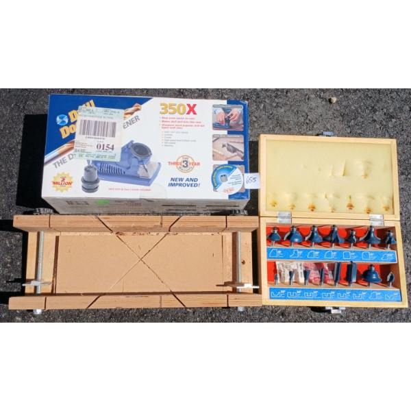 LOT OF 3 - DRILL BIT SHARPENER, MASTERCRAFT ROUTER BIT SET & BEAVER SAW VISE