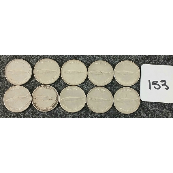 LOT OF 10 - 1967 CDN 10 CENT COINS