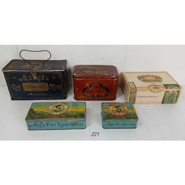 LOT OF 5 - TOBACCO, CIGAR & CIGARETTE BOX & TINS - INCL CLUB'S BEST, PLAYER'S NAVY CUT, MAYO'S, ETC