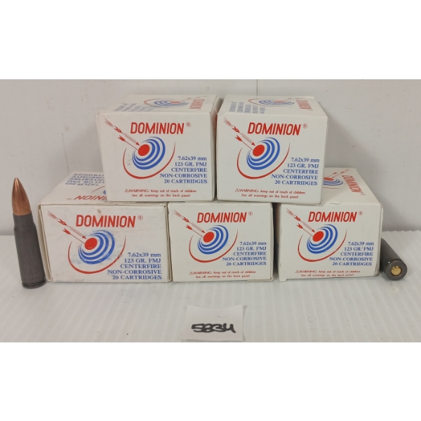 AMMO: 100X DOMINION 7.62X39MM - 123GR - FMJ 