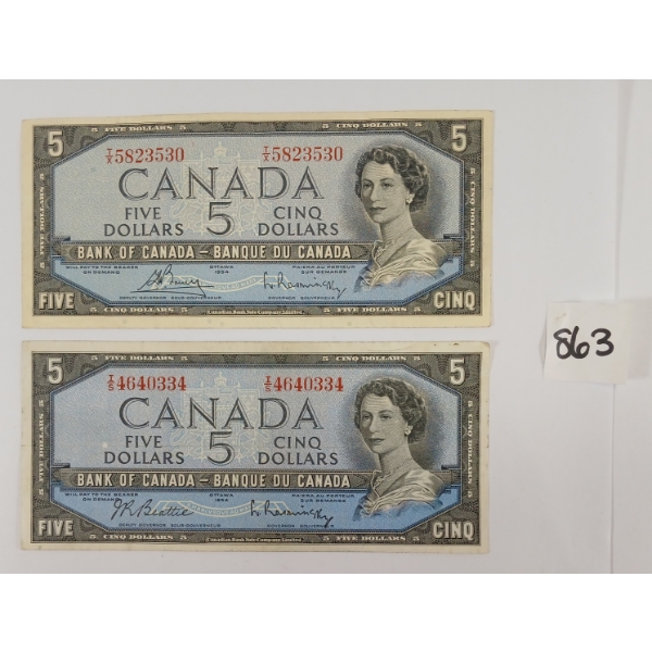 LOT OF 2 - 1954 CDN $5 BANKNOTES