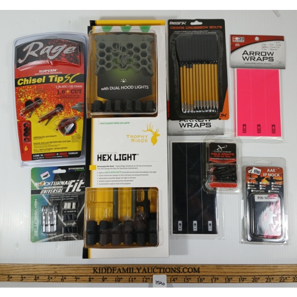 LOT OF 8 - TROPHY RIDGE HEX LIGHT, RAGE SLIPCAM BROADHEADS, LIGHTED NOCKS, ETC - NIB