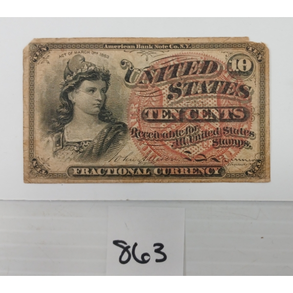 1863 U.S. FRACTIONAL 10 CENT SHINPLASTER