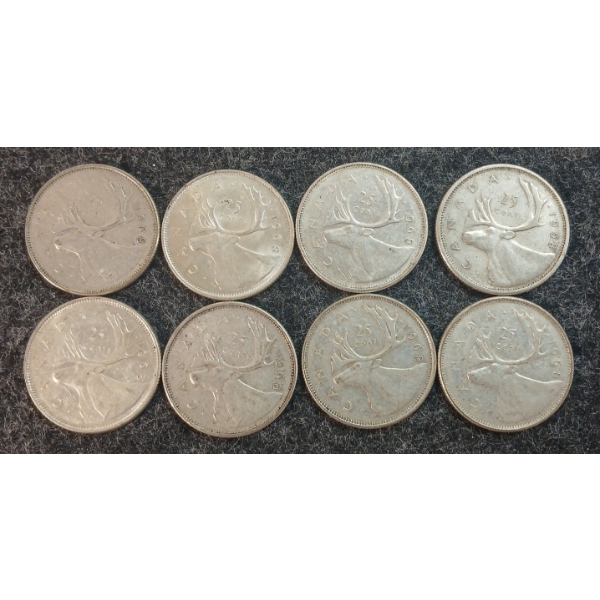 LOT OF 8 - 1958-1968 CDN 25 CENT COINS