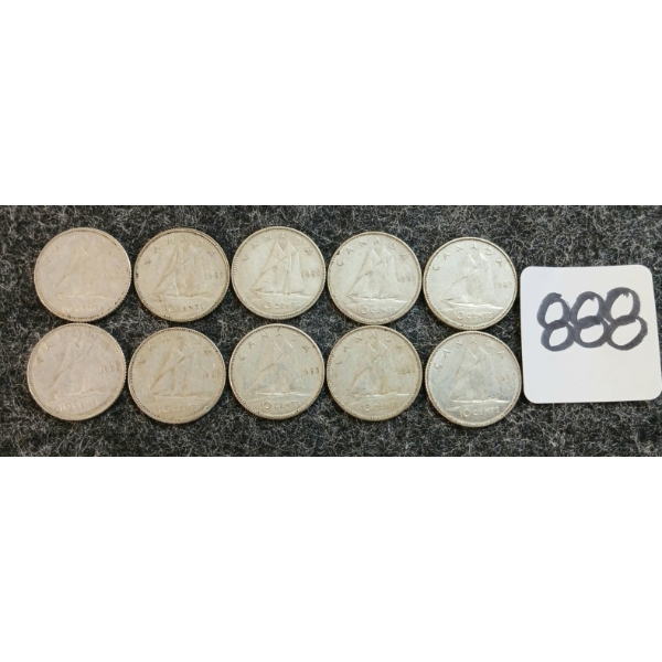 LOT OF 10 - 1968 CDN 10 CENT COINS