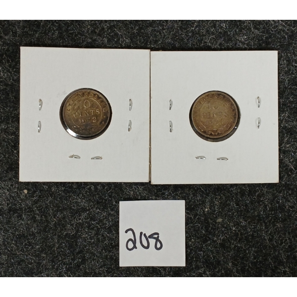 LOT OF 2 - 1941 & 1942 NEWFOUNDLAND SILVER 10 CENT PCS