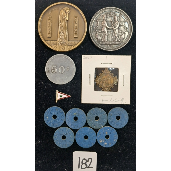 JOB LOT - CDN MEAT TOKENS, VIMY RIDGE MEMORIAL & CDN RIFLE ASSOCIATION MEDALLIONS, ETC