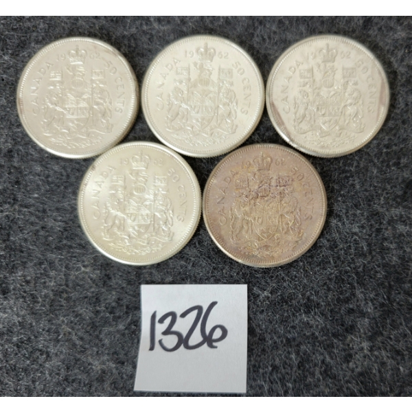 LOT OF 5 - 1962 CDN 50 CENT SILVER COINS
