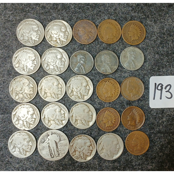 LOT OF 25 - 1880-1943 U.S. 1, 5 & 25 CENT COINS - INDIAN HEAD, BUFFALO & STANDING LIBERTY