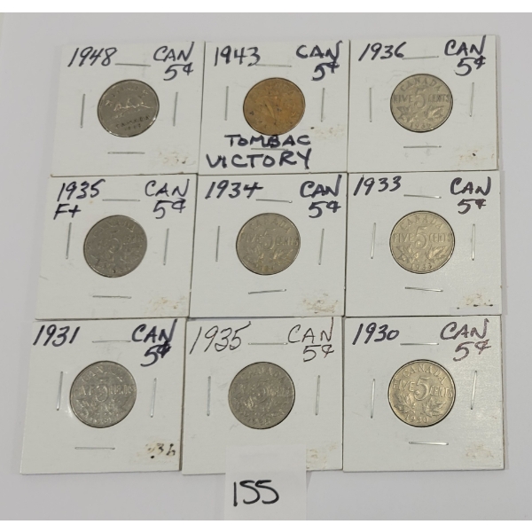 LOT OF 10 - CDN 5 CENT COINS - INCL 1930, 1931, 1933 & 1934