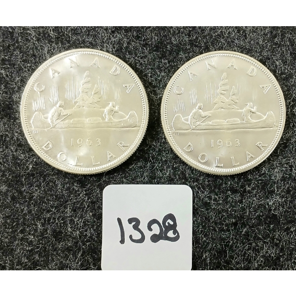 LOT OF 2 - 1963 CDN SILVER DOLLARS - VOYAGEUR 
