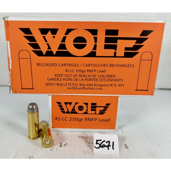 AMMO: 100X WOLF .45 COLT - 250 GR LEAD RNFP