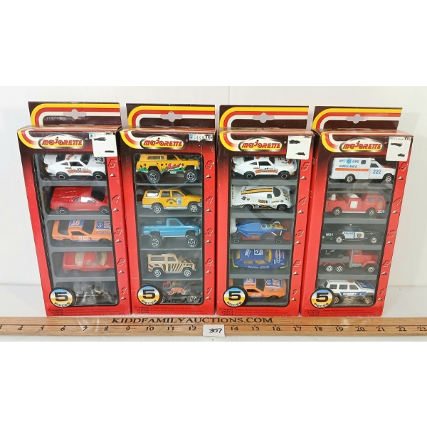 LOT OF 4 - MAJORETTE DIECAST CAR SETS - INCL TRUCKS, RACE CARS & EMERGENCY VEHICLES