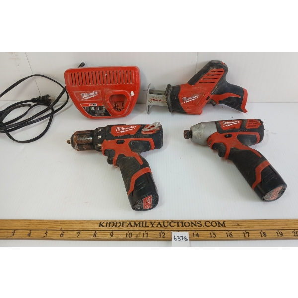 LOT OF 4 - MILWAUKEE M12 DRILL/DRIVER, HACKZALL, IMPACT DRIVER & CHARGER