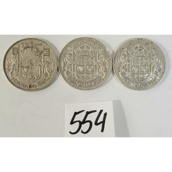LOT OF 3 - 1949 CDN 50 CENT SILVER COINS
