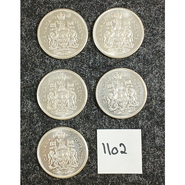 LOT OF 5 - 1962 CDN 50 CENT SILVER COINS 