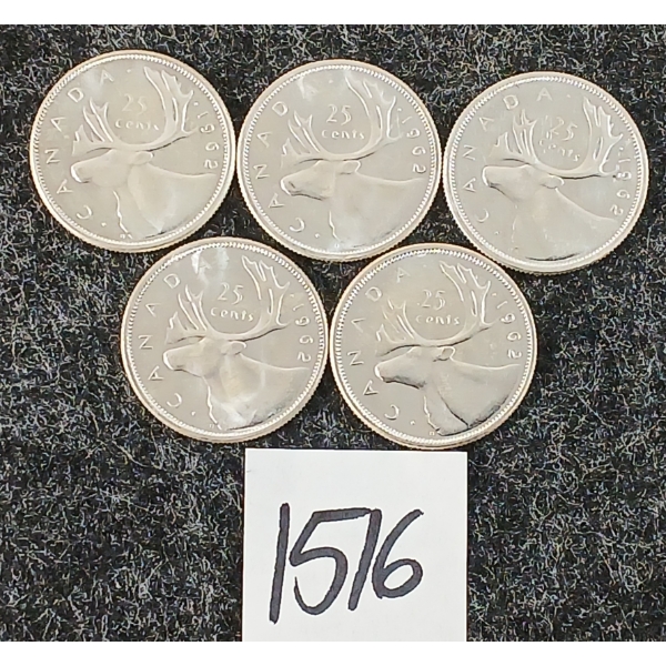 LOT OF 5 - 1962 CDN 25 CENT SILVER COINS