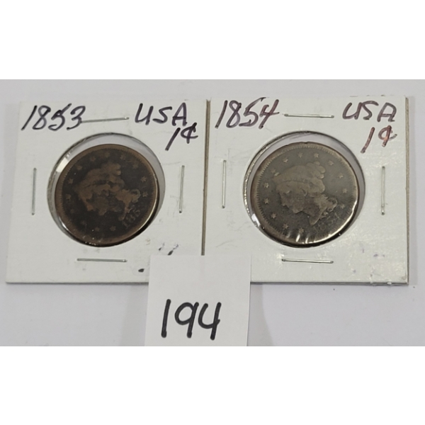 LOT OF 2 - 1853 & 1894 U.S. LARGE PENNIES