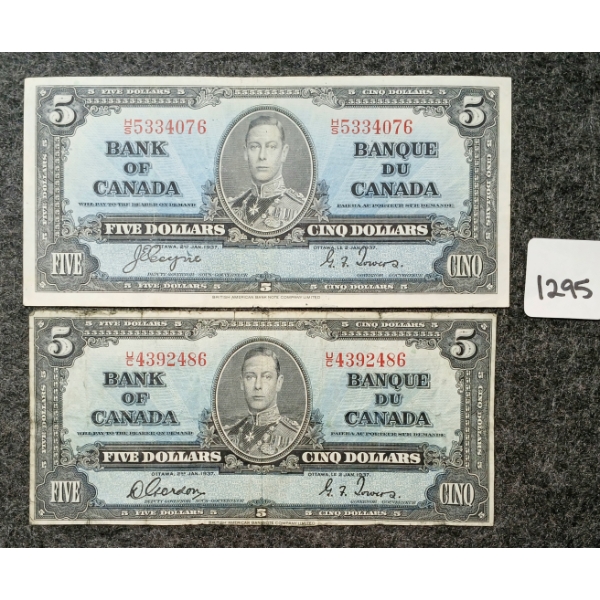 LOT OF 2 - 1937 CDN $5 BANKNOTES