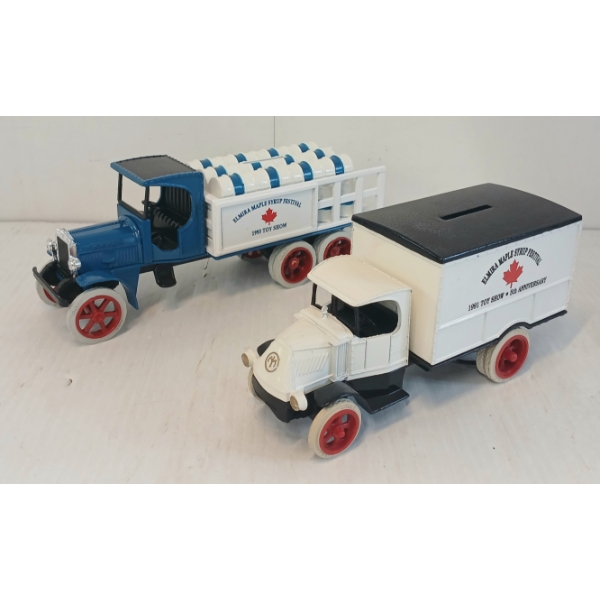 LOT OF 2 - ERTL 1925 KENWORTH STAKE TRUCK & 1926 MACK DELIVERY TRUCK DIECAST COIN BANKS