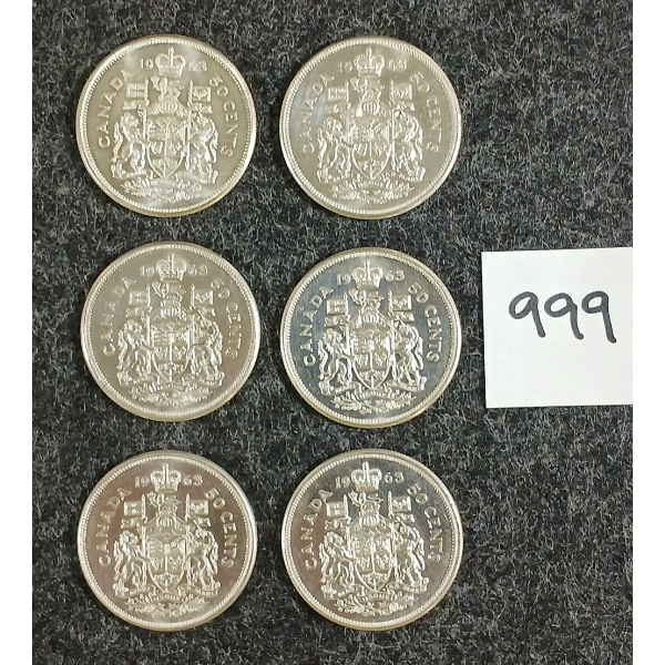 LOT OF 6 - 1963 CDN 50 CENT SILVER COINS