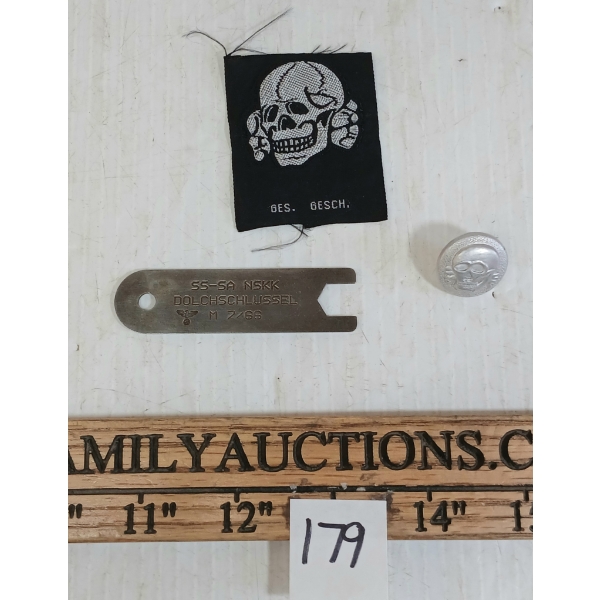 LOT OF 3 - WWII GERMAN SS-SA-NSKK DAGGER TOOL, DEATH'S HEAD BADGE & BUTTON