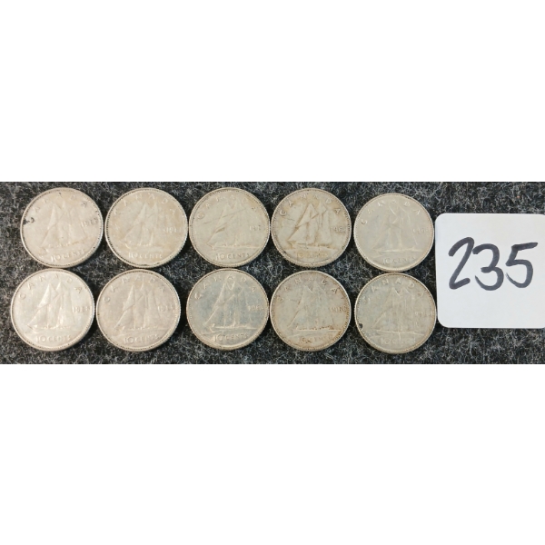 LOT OF 10 - 1968 CDN 10 CENT COINS