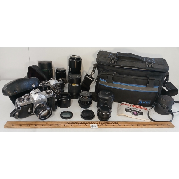 JOB LOT - PHOTOGRAPHY ACCESSORIES - ASAHI PENTAX ME & SPOTMATIC CAMERAS, LENSES, CARRIER, ETC 