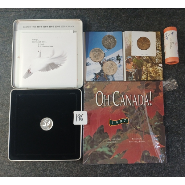 LOT OF 6 - 1997 CDN UNCIRCULATED SET, RCM VIMMY RIDGE COIN, CDN TIRE MONEY, ETC