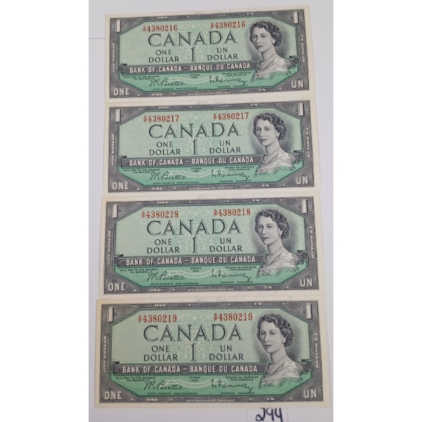 LOT OF 4 - 1954 CDN $1 BANKNOTES - SEQUENTIAL