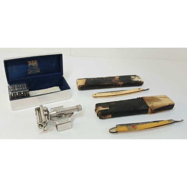 LOT OF 3 - VINTAGE UTIKA & SPIKE STRAIGHT RAZORS & WILKINSON SWORD CO. RAZOR SET W/ CASE
