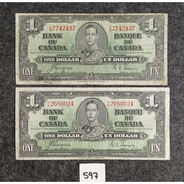 LOT OF 2 - 1937 CDN $1 BANKNOTES 