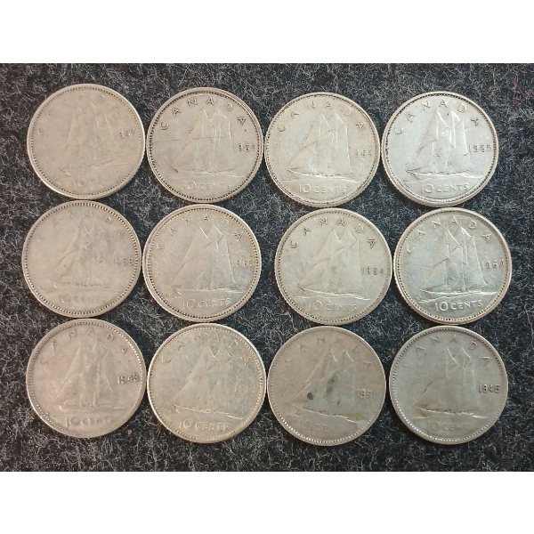 LOT OF 12 - 1943-1966 CDN 10 CENT COINS