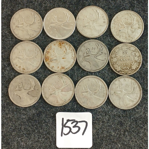 LOT OF 12 - 1909-1968 CDN 25 CENT COINS 
